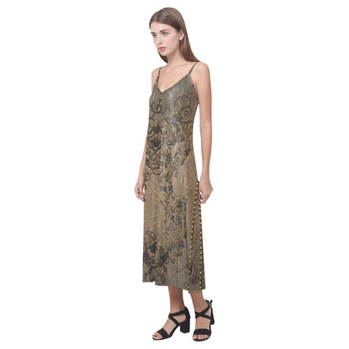 Vinatge design with necklace V-Neck Open Fork Long Dress(Model D18)