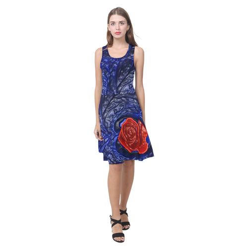 Blue fractal heart with red rose in plastic Atalanta Casual Sundress(Model D04)