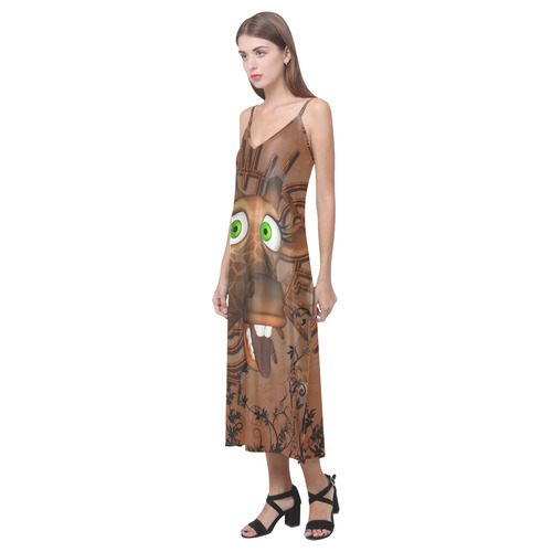 Sweet, happy giraffe V-Neck Open Fork Long Dress(Model D18)