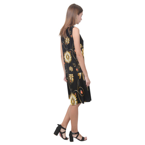 Flowers in golden colors Sleeveless Splicing Shift Dress(Model D17)