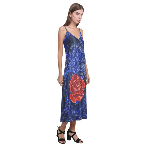 Blue fractal heart with red rose in plastic V-Neck Open Fork Long Dress(Model D18)