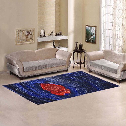 Blue fractal heart with red rose in plastic Area Rug 7'x3'3''