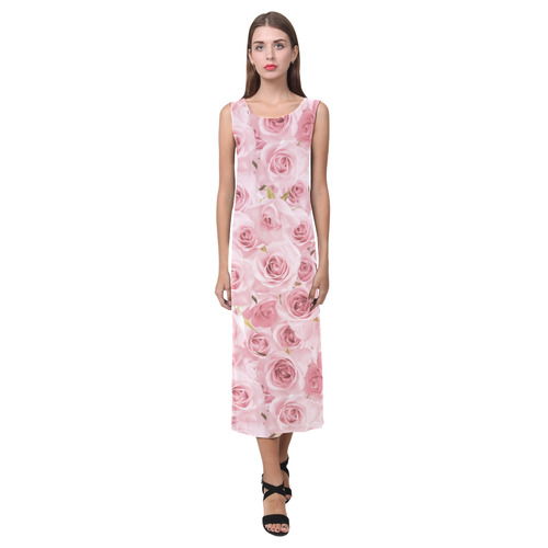 Rose roses floral flowers- Pink pattern Phaedra Sleeveless Open Fork Long Dress (Model D08)