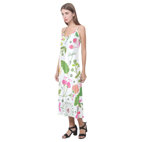 Cute Heart Flowers Floral Pattern V-Neck Open Fork Long Dress(Model D18)