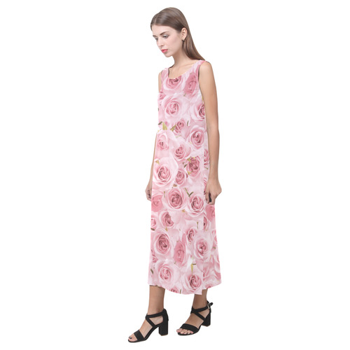 Rose roses floral flowers- Pink pattern Phaedra Sleeveless Open Fork Long Dress (Model D08)