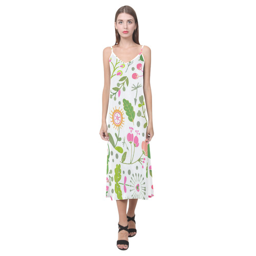 Cute Heart Flowers Floral Pattern V-Neck Open Fork Long Dress(Model D18)