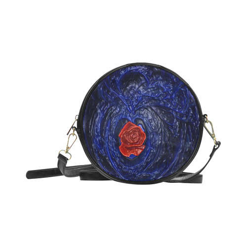 Blue fractal heart with red rose in plastic Round Sling Bag (Model 1647)