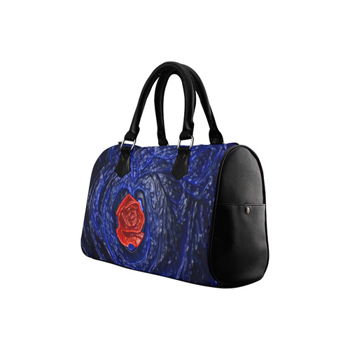 Blue fractal heart with red rose in plastic Boston Handbag (Model 1621)