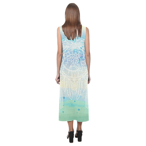 Indians Dreamcatcher HORSE Watercolor Painting Phaedra Sleeveless Open Fork Long Dress (Model D08)