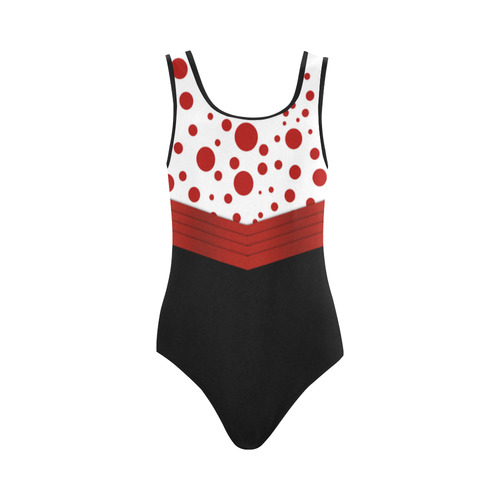 Polka Dots with Red Sash on Black Vest One Piece Swimsuit (Model S04)