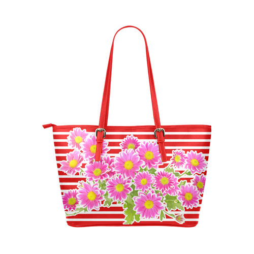 Asters Bouquet Pink White Flowers Leather Tote Bag/Large (Model 1651)