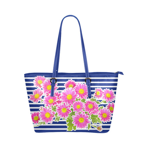 Asters Bouquet Pink White Flowers Leather Tote Bag/Small (Model 1651)
