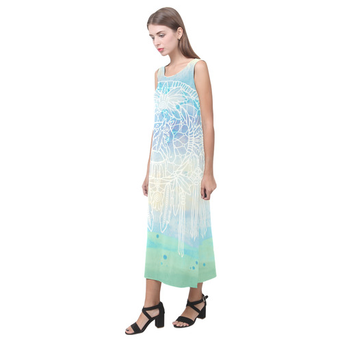 Indians Dreamcatcher HORSE Watercolor Painting Phaedra Sleeveless Open Fork Long Dress (Model D08)