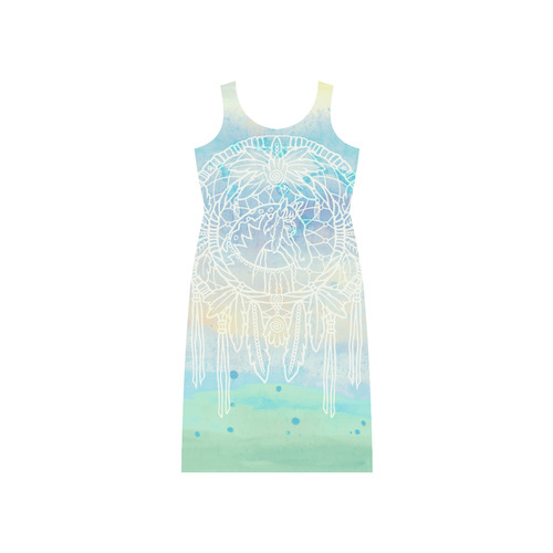 Indians Dreamcatcher HORSE Watercolor Painting Phaedra Sleeveless Open Fork Long Dress (Model D08)