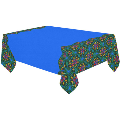 Colorful Floral Diamond Squares on Blue Cotton Linen Tablecloth 60"x120"