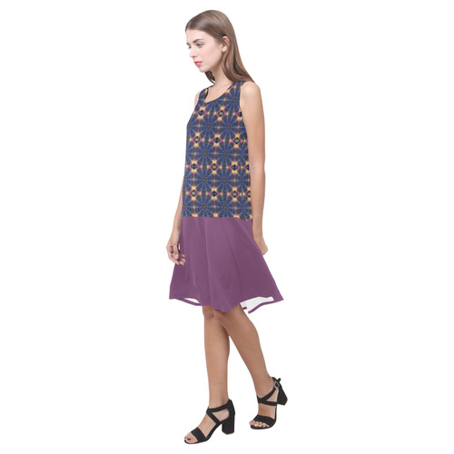 Blue Pinwheels and Wood Violet Sleeveless Splicing Shift Dress(Model D17)