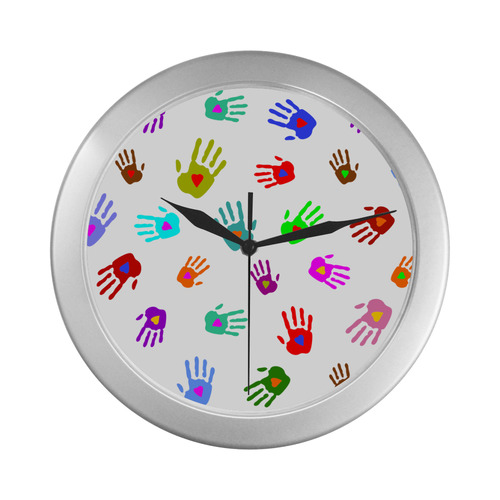 Multicolored HANDS with HEARTS love pattern Silver Color Wall Clock