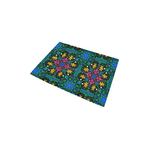 Colorful Floral Diamond Squares on Blue Area Rug 2'7"x 1'8‘’