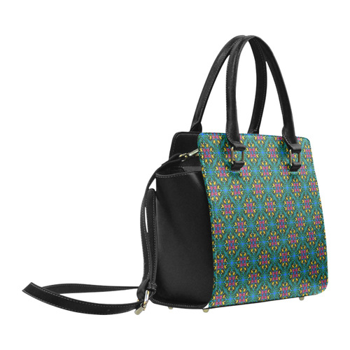 Colorful Floral Diamond Squares on Blue Classic Shoulder Handbag (Model 1653)