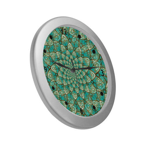 LOTUS FLOWER PATTERN gold turquoise white Silver Color Wall Clock