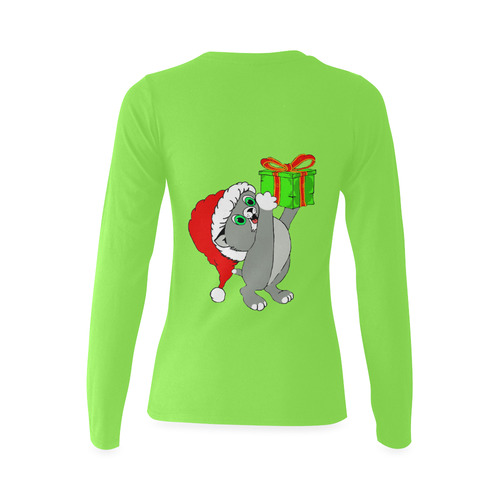 Christmas Kitten Green Sunny Women's T-shirt (long-sleeve) (Model T07)