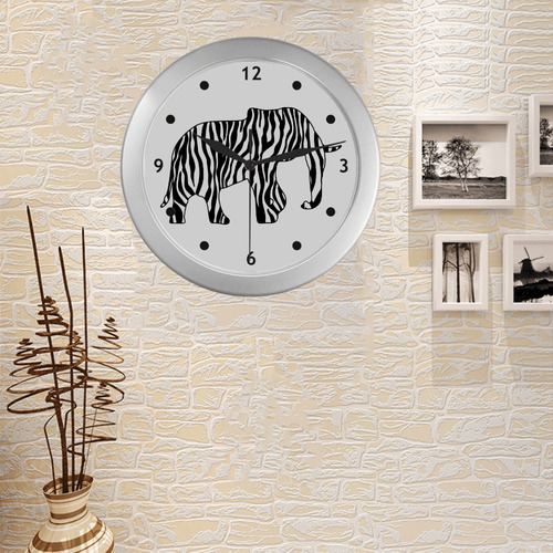 ELEPHANTS with Zebra Stripes black white Silver Color Wall Clock