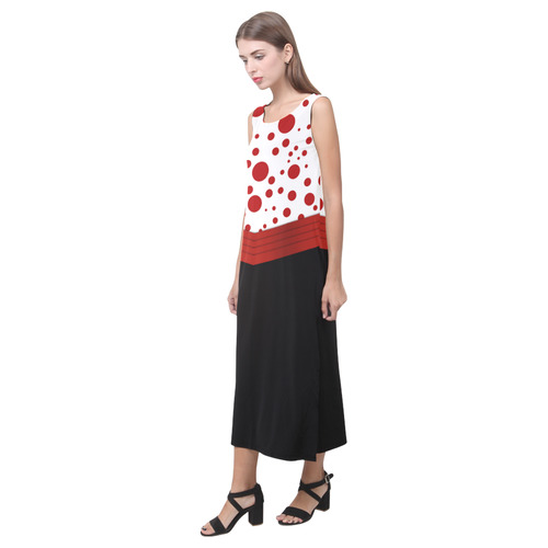 Polka Dots With Red Sash and Black Phaedra Sleeveless Open Fork Long Dress (Model D08)