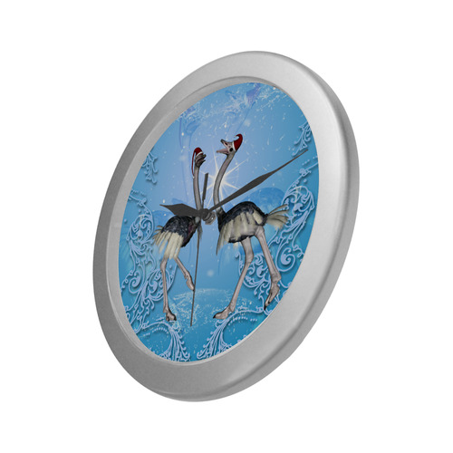 Dancing for christmas, cute ostrichs Silver Color Wall Clock