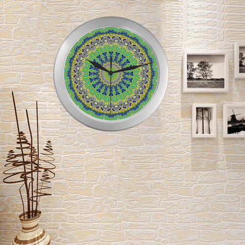 POWER MANDALA Blue Green Yellow Silver Color Wall Clock