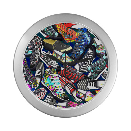 A pile multicolored SHOES / SNEAKERS pattern Silver Color Wall Clock