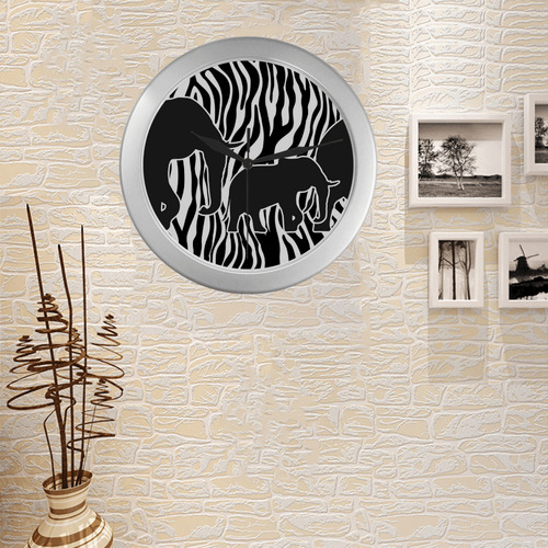 ELEPHANTS to ZEBRA stripes black & white Silver Color Wall Clock