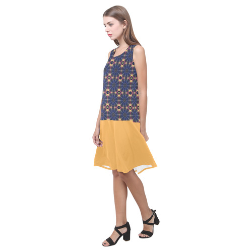 Blue Pinwheels and Amber Yellow Sleeveless Splicing Shift Dress(Model D17)