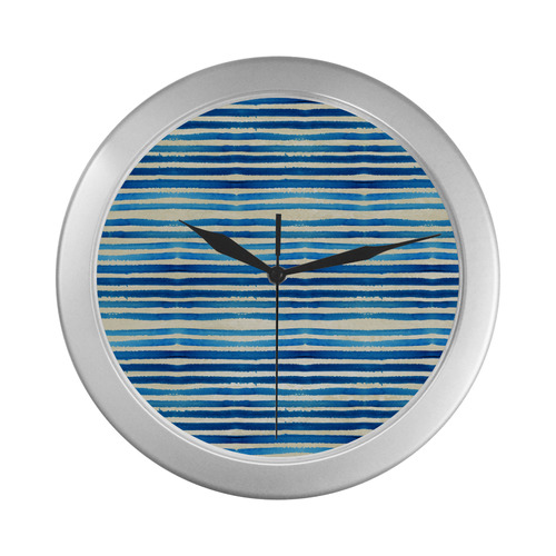 Watercolor STRIPES grunge pattern - blue Silver Color Wall Clock