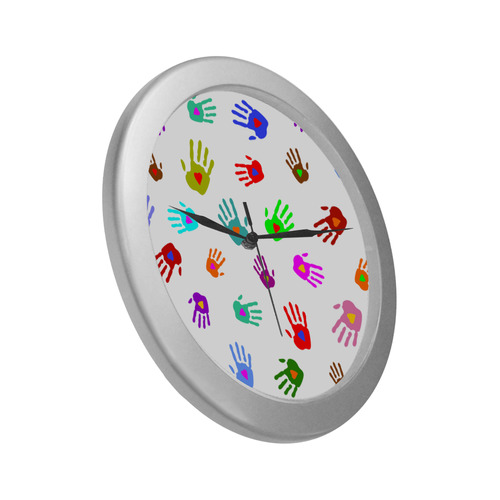 Multicolored HANDS with HEARTS love pattern Silver Color Wall Clock