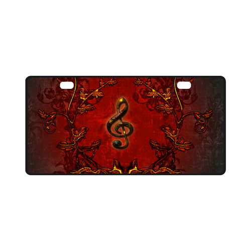 Music, clef and red floral elements License Plate