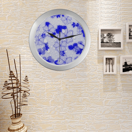 wet floral Pattern, blue Silver Color Wall Clock