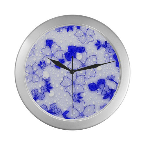 wet floral Pattern, blue Silver Color Wall Clock