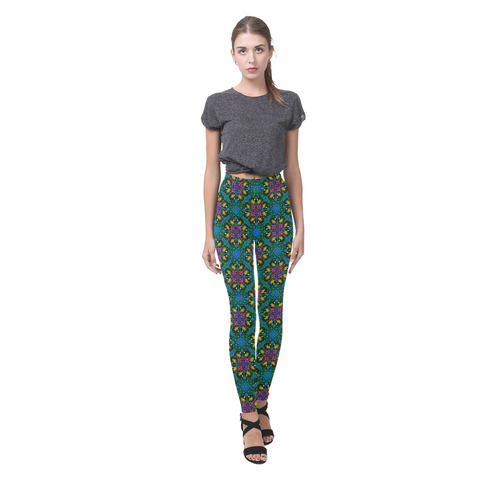 Colorful Floral Diamond Squares on Blue Cassandra Women's Leggings (Model L01)