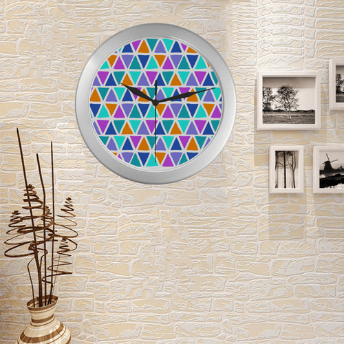 Modern colored TRINAGLES / PYRAMIDS pattern Silver Color Wall Clock