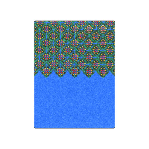 Colorful Floral Diamond Squares on Blue Blanket 50"x60"