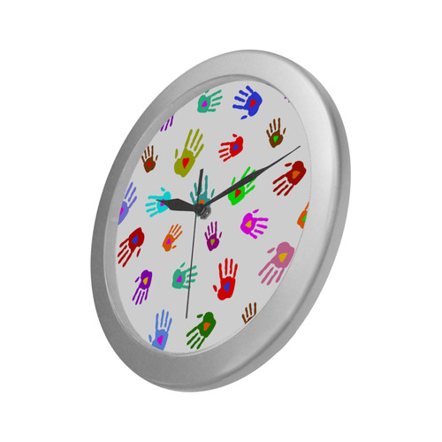 Multicolored HANDS with HEARTS love pattern Silver Color Wall Clock