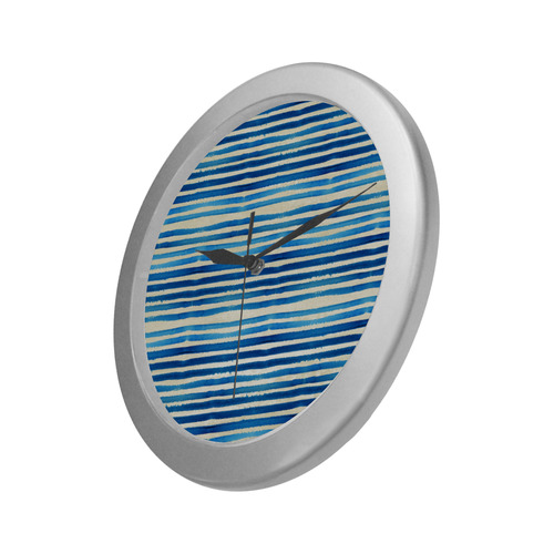 Watercolor STRIPES grunge pattern - blue Silver Color Wall Clock