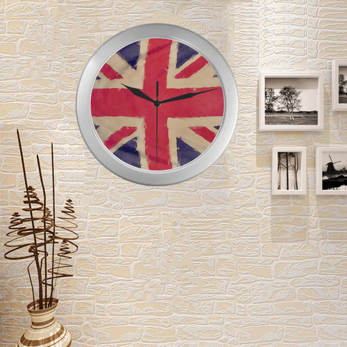 British UNION JACK flag grunge style Silver Color Wall Clock