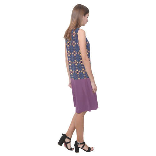 Blue Pinwheels and Wood Violet Sleeveless Splicing Shift Dress(Model D17)