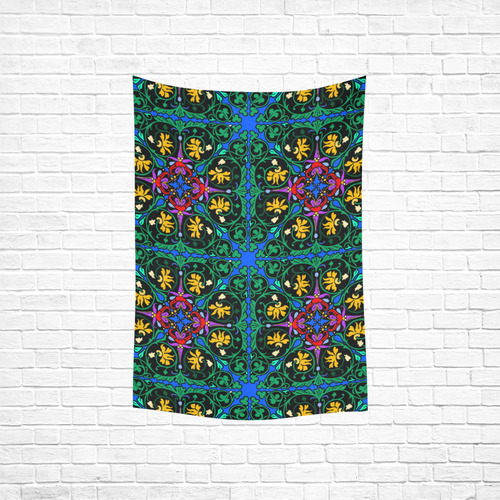 Colorful Floral Diamond Squares on Blue Cotton Linen Wall Tapestry 40"x 60"