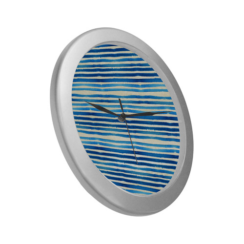 Watercolor STRIPES grunge pattern - blue Silver Color Wall Clock