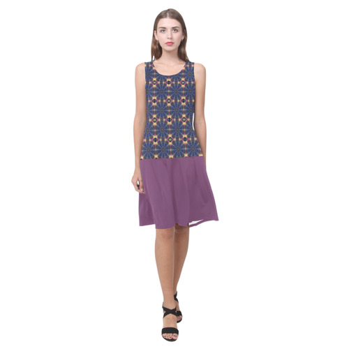 Blue Pinwheels and Wood Violet Sleeveless Splicing Shift Dress(Model D17)