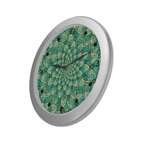 LOTUS FLOWER PATTERN gold turquoise white Silver Color Wall Clock