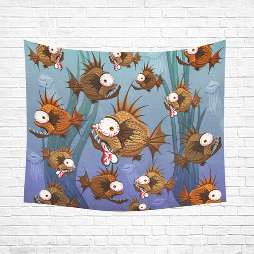 Psycho Fish Piranha with Bloody Bone Cotton Linen Wall Tapestry 60"x 51"