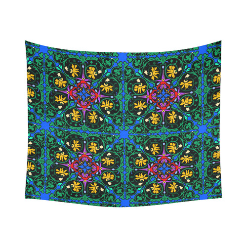 Colorful Floral Diamond Squares on Blue Cotton Linen Wall Tapestry 60"x 51"